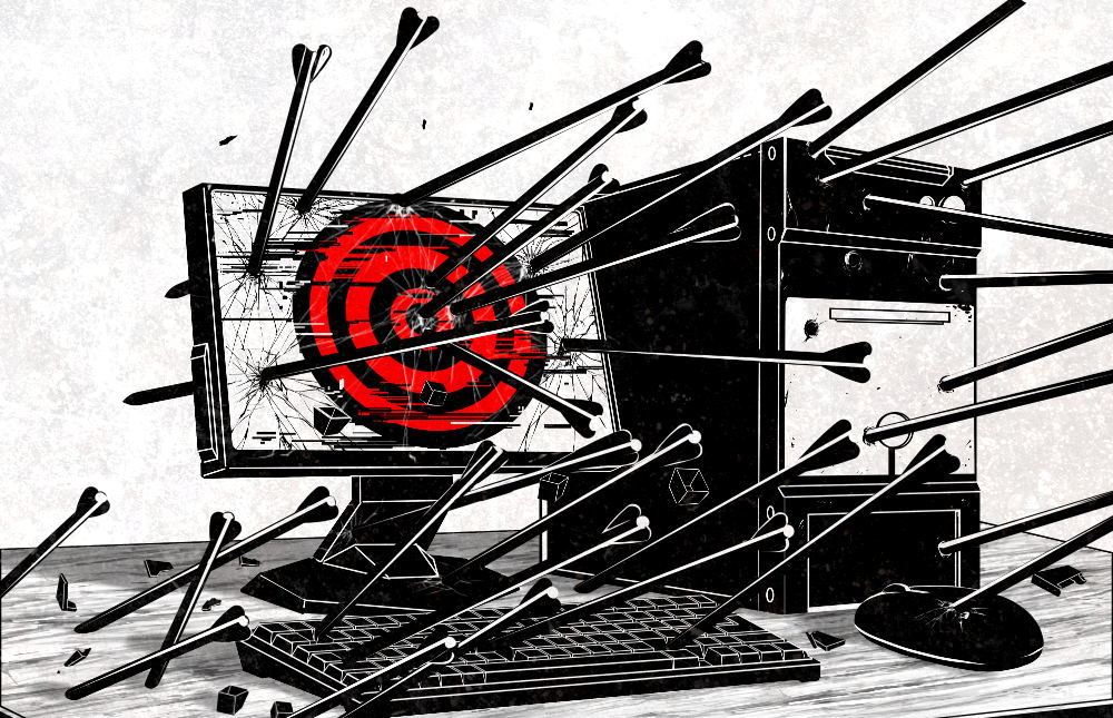 Arrows attacking a computer, monitor, and keyboard.